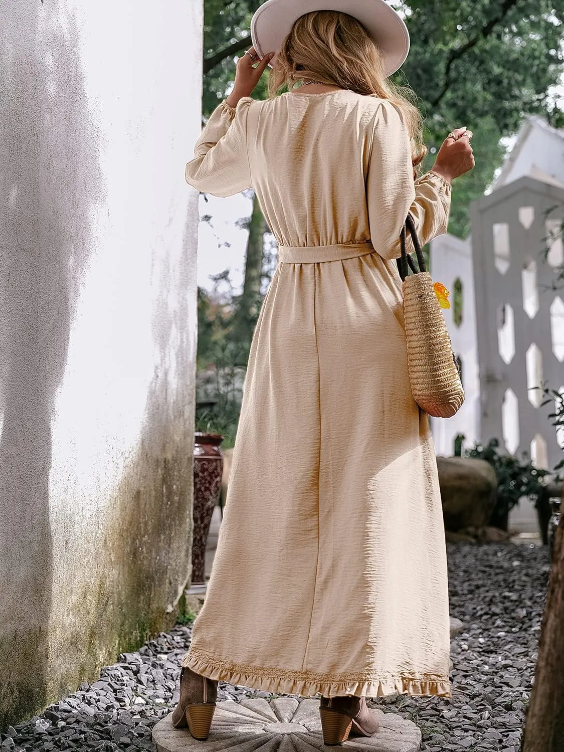 BerryGo Women's Fall Bridesmaid Long Sleeve Wrap Ruffle Belted Dress Boho Maternity Maxi Dress for Wedding Guest