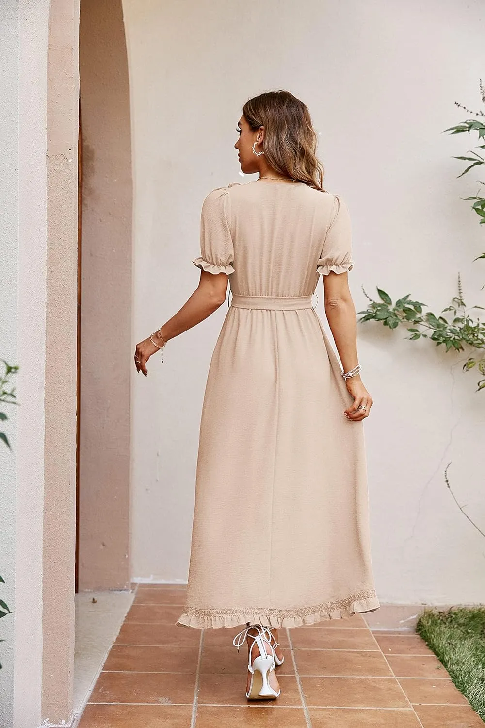 BerryGo Women's Fall Bridesmaid Long Sleeve Wrap Ruffle Belted Dress Boho Maternity Maxi Dress for Wedding Guest