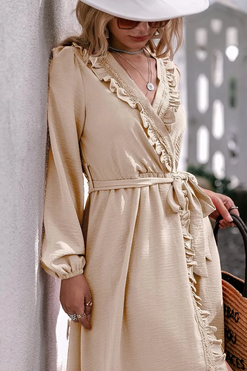 BerryGo Women's Fall Bridesmaid Long Sleeve Wrap Ruffle Belted Dress Boho Maternity Maxi Dress for Wedding Guest