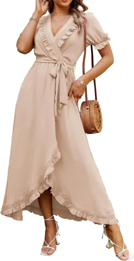 BerryGo Women's Fall Bridesmaid Long Sleeve Wrap Ruffle Belted Dress Boho Maternity Maxi Dress for Wedding Guest