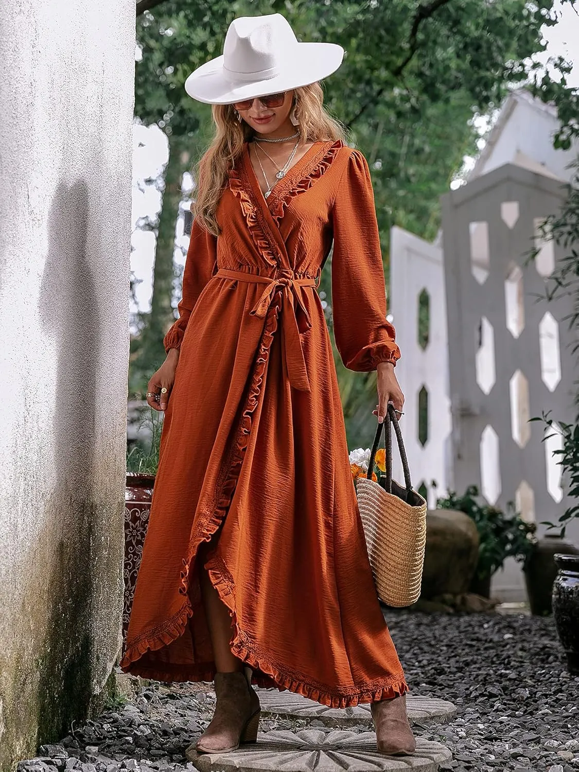 BerryGo Women's Fall Bridesmaid Long Sleeve Wrap Ruffle Belted Dress Boho Maternity Maxi Dress for Wedding Guest