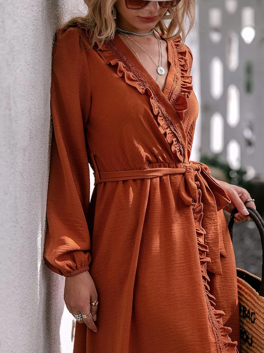 BerryGo Women's Fall Bridesmaid Long Sleeve Wrap Ruffle Belted Dress Boho Maternity Maxi Dress for Wedding Guest