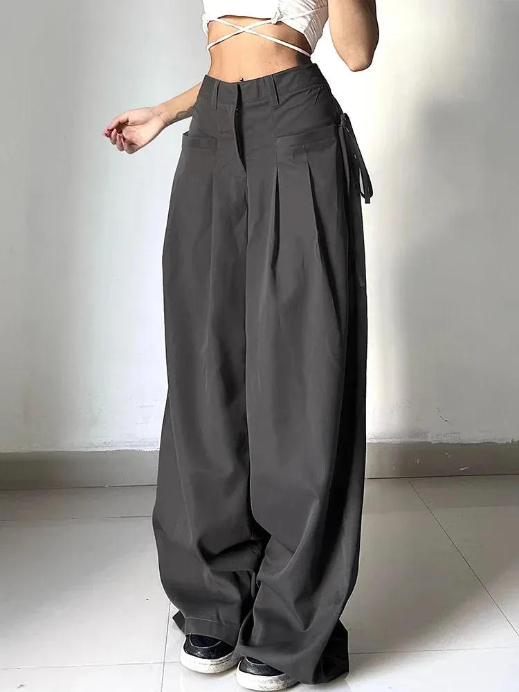 Bonnyshow Shirring Casual Wide Leg Pants Women High Waist Street Basic Loose Sweat Trousers Korean Retro Gray Office Y2K Lady Pants