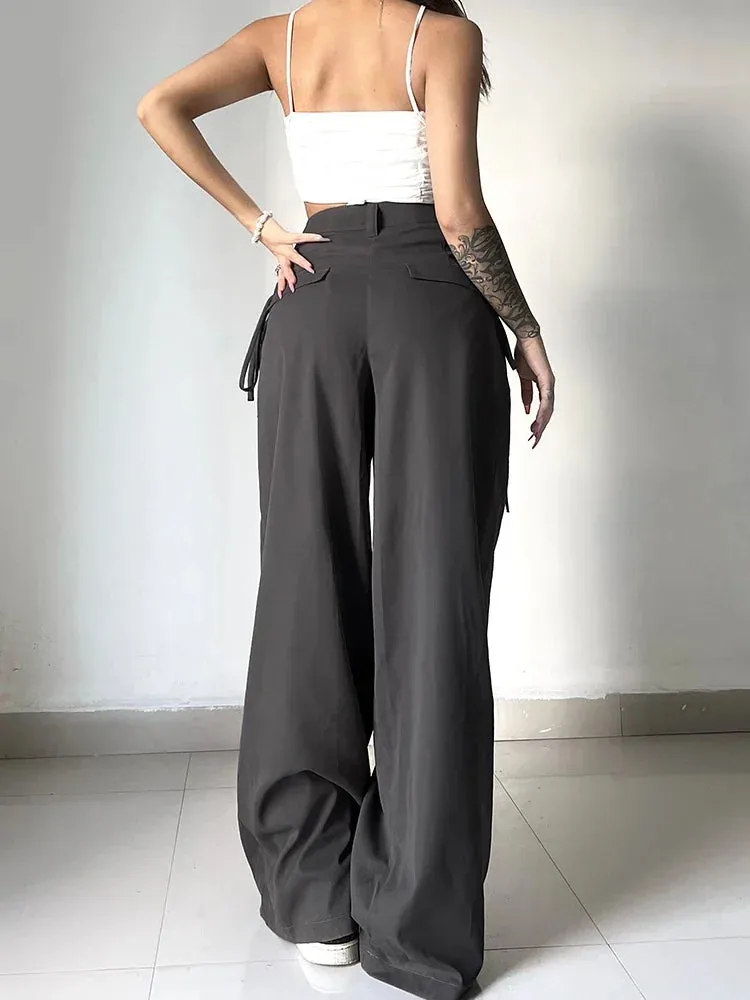 Bonnyshow Shirring Casual Wide Leg Pants Women High Waist Street Basic Loose Sweat Trousers Korean Retro Gray Office Y2K Lady Pants