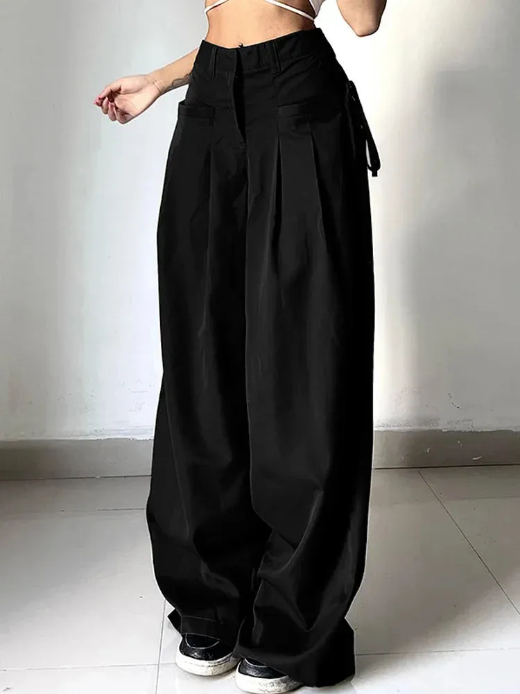 Bonnyshow Shirring Casual Wide Leg Pants Women High Waist Street Basic Loose Sweat Trousers Korean Retro Gray Office Y2K Lady Pants