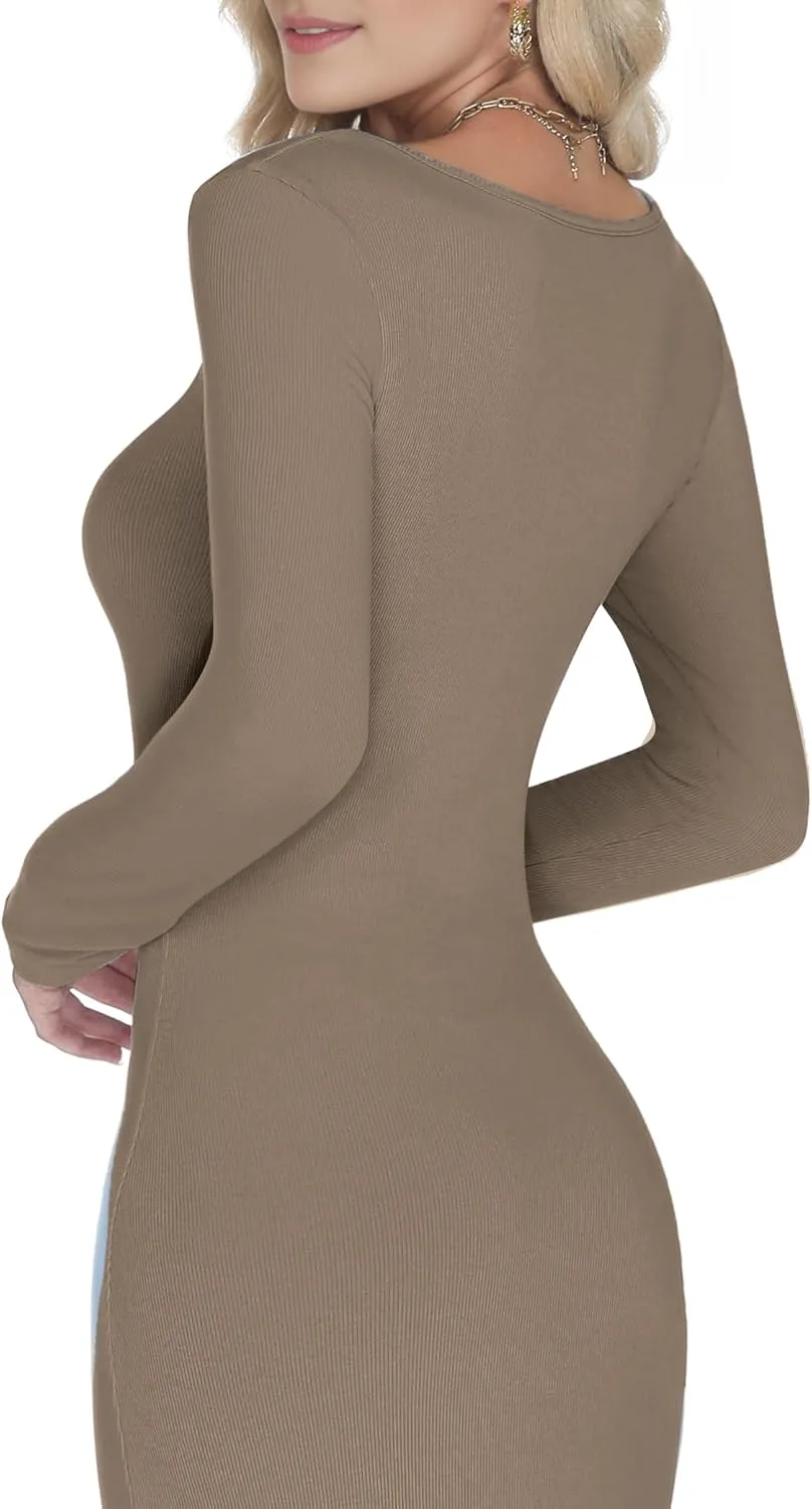 Buauty Women's Bodycon Maxi Dresses, Ribbed Square Neck Long Dress, Fall Long Sleeve Lounge Dress for Women
