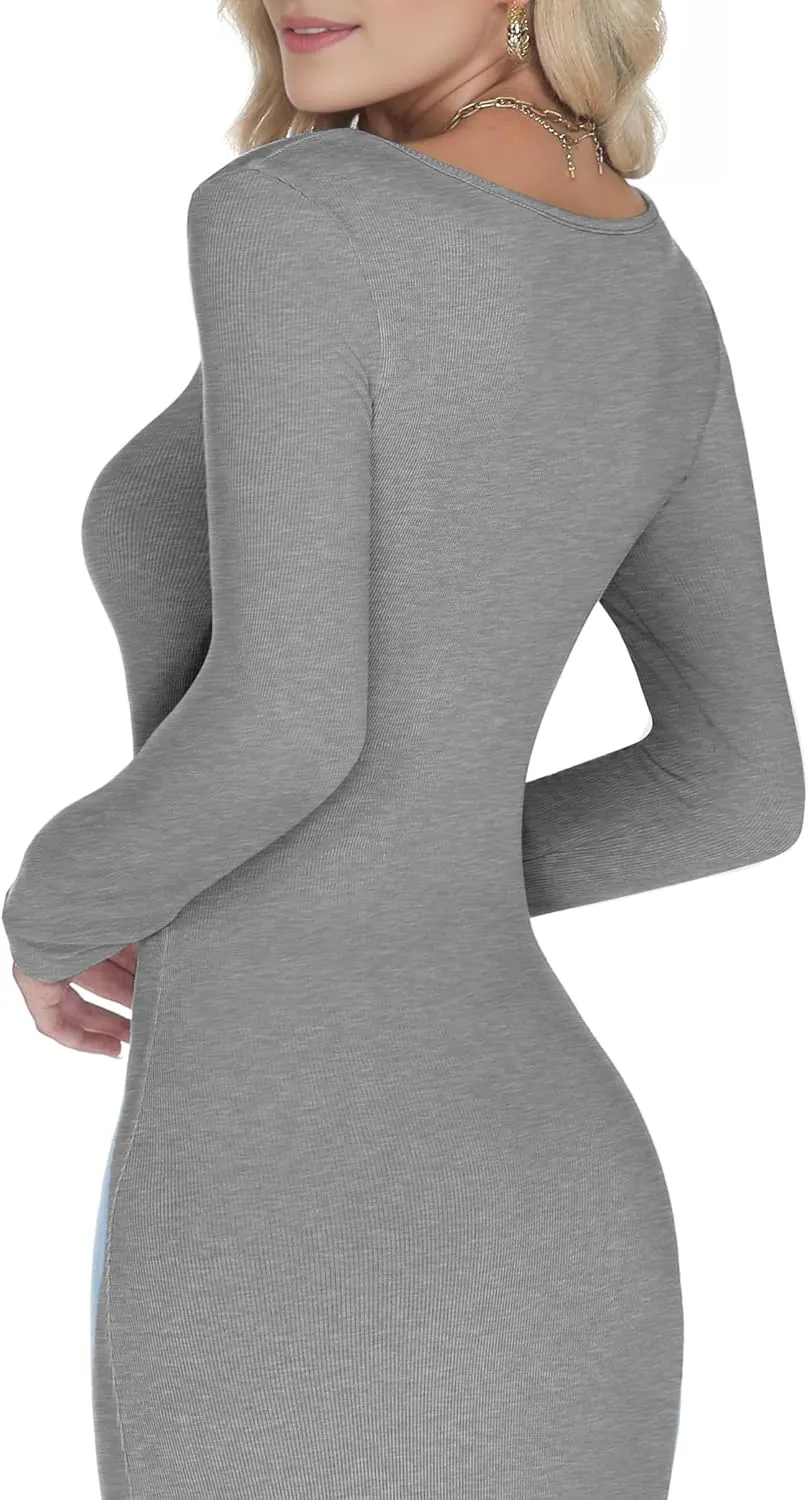 Buauty Women's Bodycon Maxi Dresses, Ribbed Square Neck Long Dress, Fall Long Sleeve Lounge Dress for Women