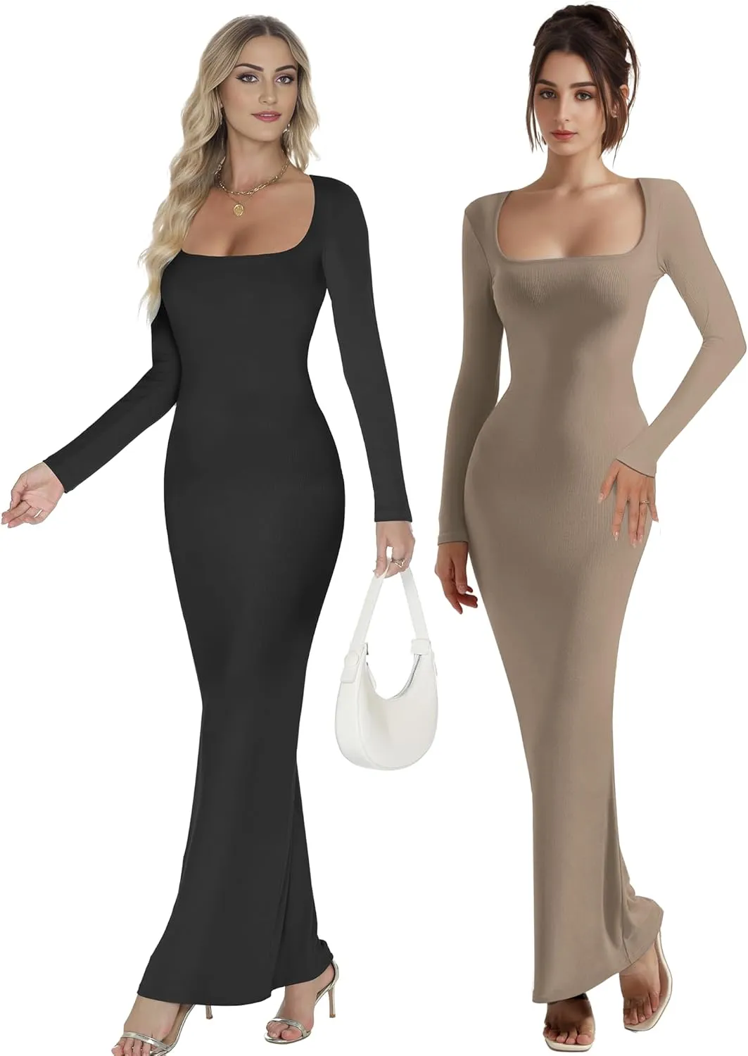 Buauty Women's Bodycon Maxi Dresses, Ribbed Square Neck Long Dress, Fall Long Sleeve Lounge Dress for Women