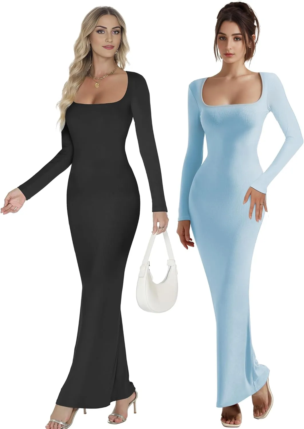 Buauty Women's Bodycon Maxi Dresses, Ribbed Square Neck Long Dress, Fall Long Sleeve Lounge Dress for Women