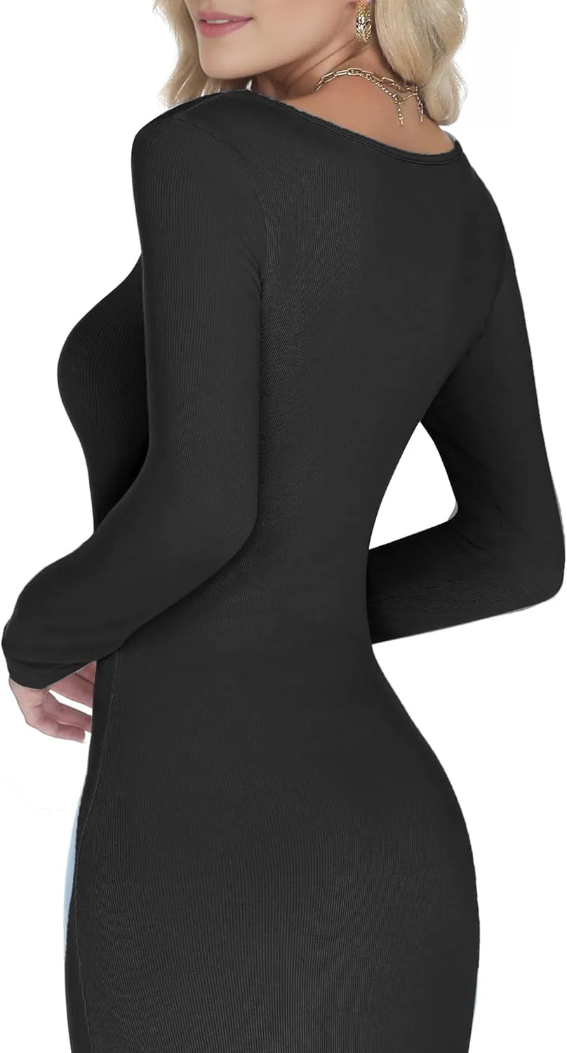 Buauty Women's Bodycon Maxi Dresses, Ribbed Square Neck Long Dress, Fall Long Sleeve Lounge Dress for Women