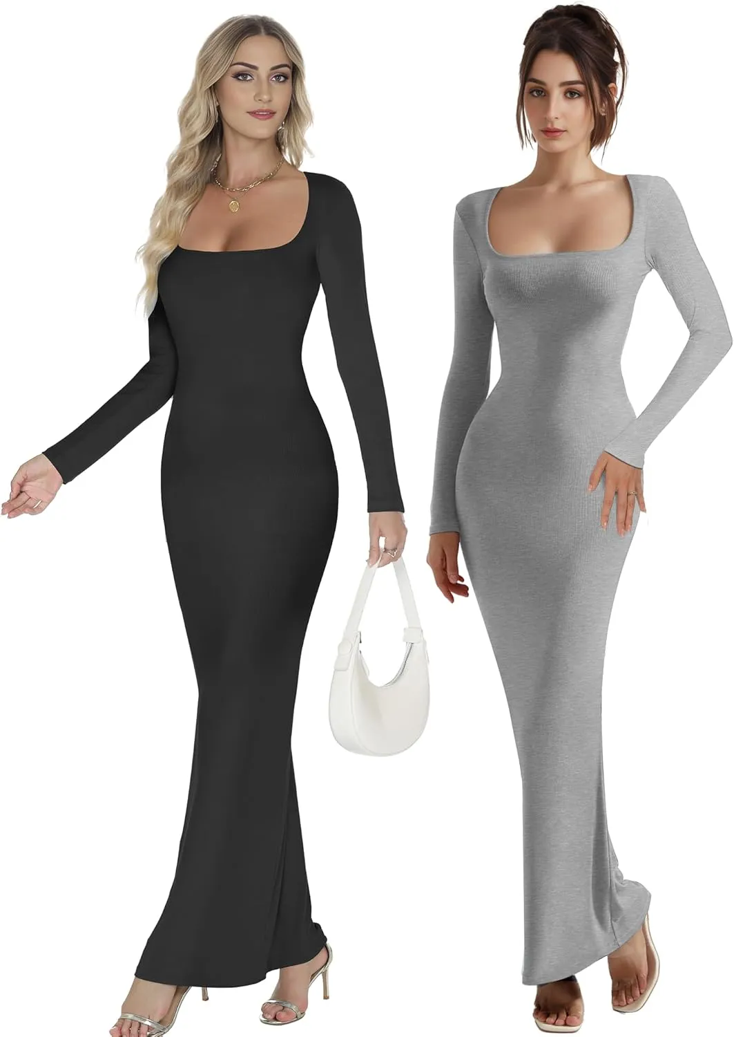Buauty Women's Bodycon Maxi Dresses, Ribbed Square Neck Long Dress, Fall Long Sleeve Lounge Dress for Women