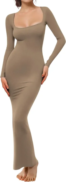 Buauty Women's Bodycon Maxi Dresses, Ribbed Square Neck Long Dress, Fall Long Sleeve Lounge Dress for Women