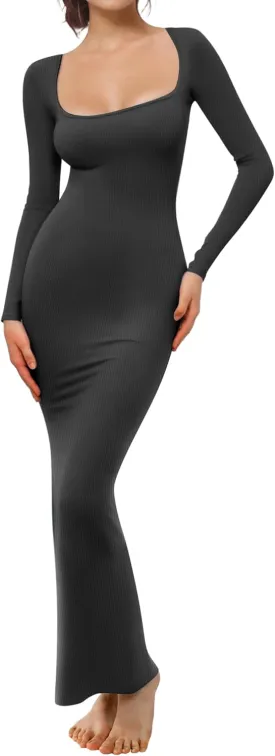 Buauty Women's Bodycon Maxi Dresses, Ribbed Square Neck Long Dress, Fall Long Sleeve Lounge Dress for Women