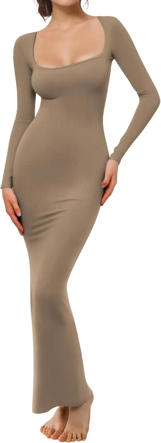 Buauty Women's Bodycon Maxi Dresses, Ribbed Square Neck Long Dress, Fall Long Sleeve Lounge Dress for Women