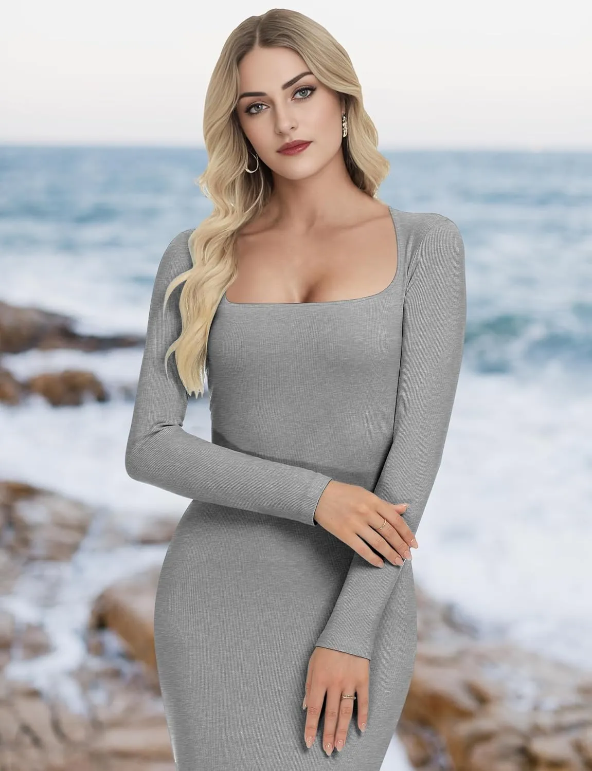 Buauty Women's Bodycon Maxi Dresses, Ribbed Square Neck Long Dress, Fall Long Sleeve Lounge Dress for Women