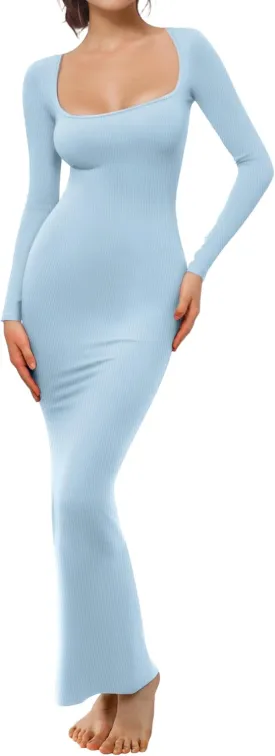 Buauty Women's Bodycon Maxi Dresses, Ribbed Square Neck Long Dress, Fall Long Sleeve Lounge Dress for Women