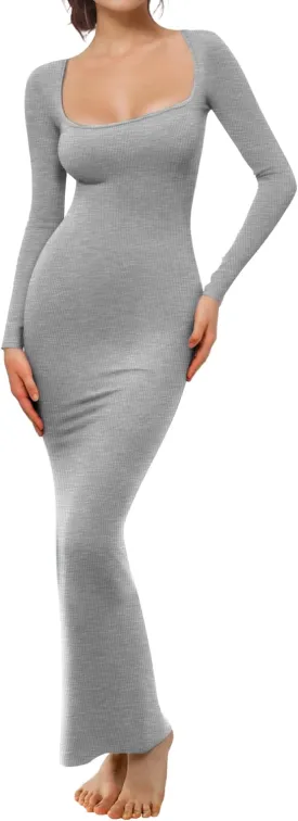 Buauty Women's Bodycon Maxi Dresses, Ribbed Square Neck Long Dress, Fall Long Sleeve Lounge Dress for Women