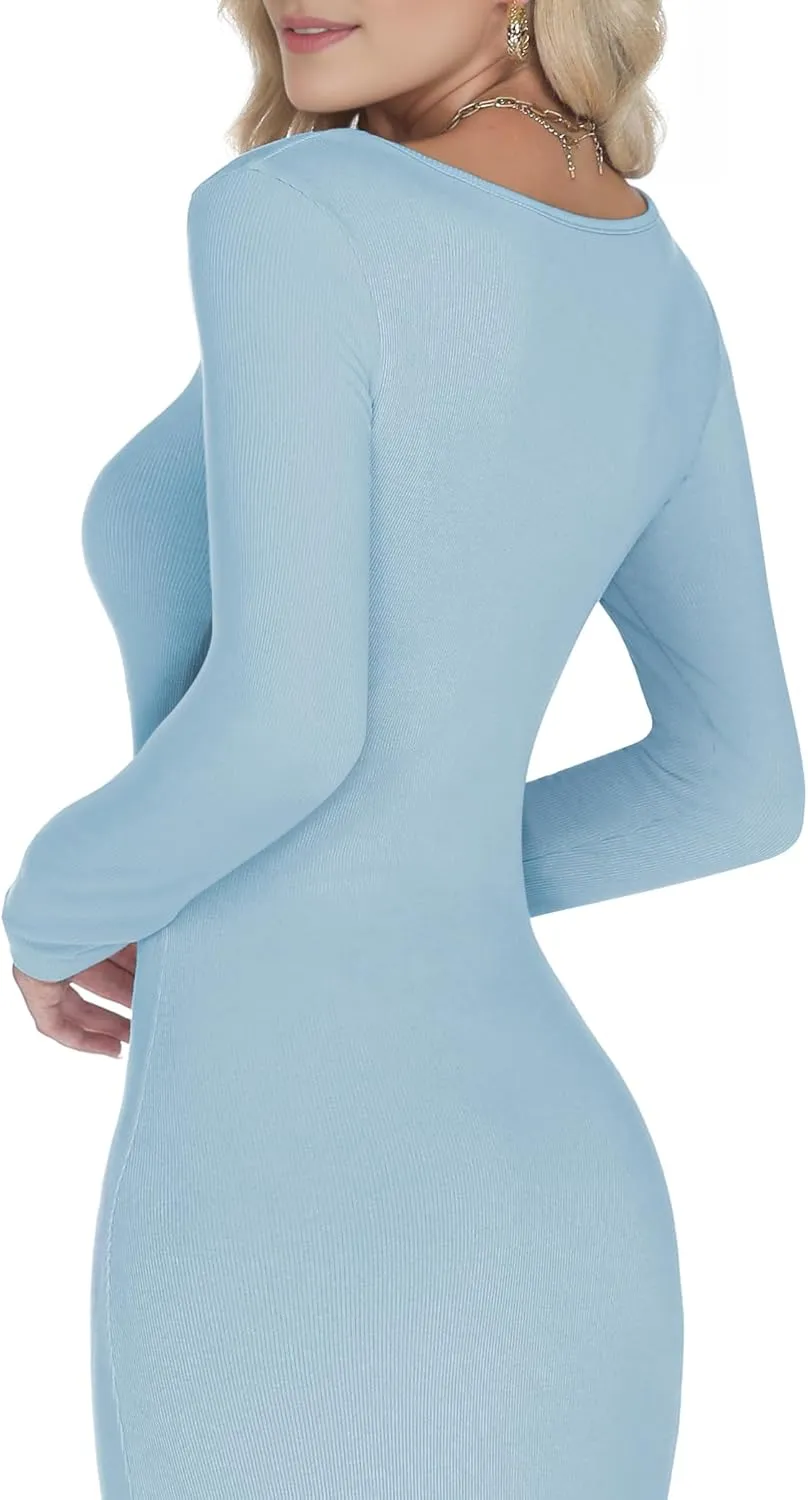 Buauty Women's Bodycon Maxi Dresses, Ribbed Square Neck Long Dress, Fall Long Sleeve Lounge Dress for Women