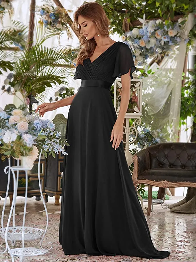 Burnt Orange Women's Short Sleeve V-Neck Long Evening Dress - Ever Pretty