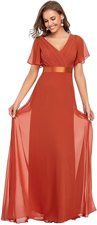 Burnt Orange Women's Short Sleeve V-Neck Long Evening Dress - Ever Pretty