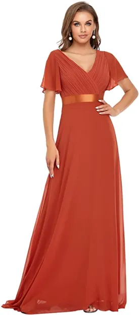 Burnt Orange Women's Short Sleeve V-Neck Long Evening Dress - Ever Pretty
