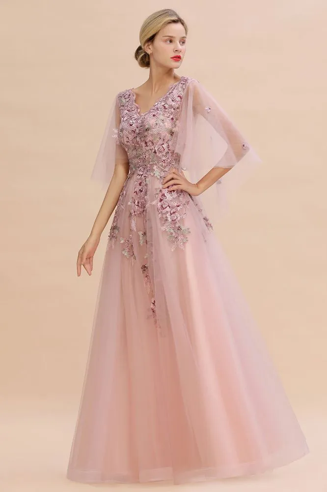Elegant Tulle A-line Floral Wedding Dress Puffy Long Sleeves Evening Party Dress