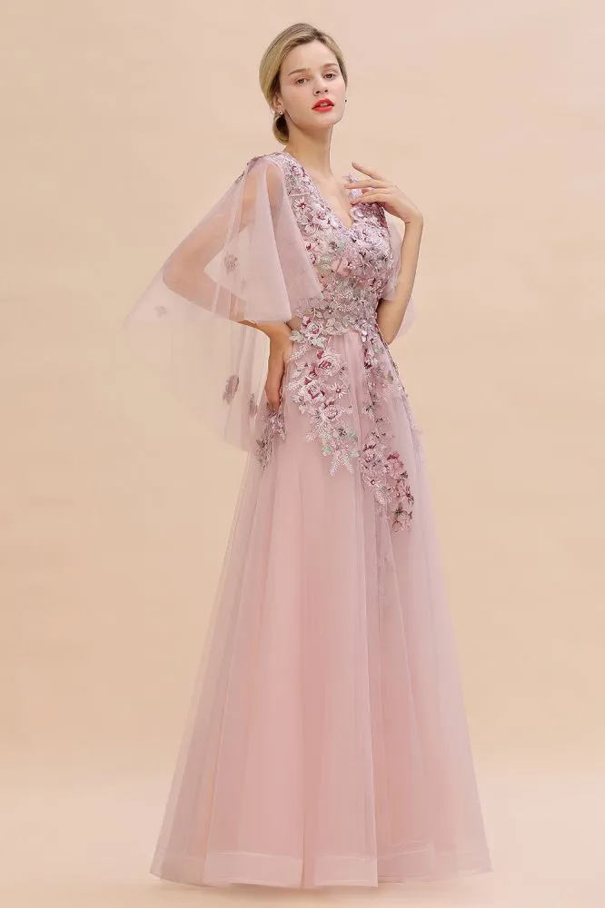 Elegant Tulle A-line Floral Wedding Dress Puffy Long Sleeves Evening Party Dress