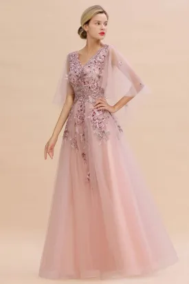 Elegant Tulle A-line Floral Wedding Dress Puffy Long Sleeves Evening Party Dress