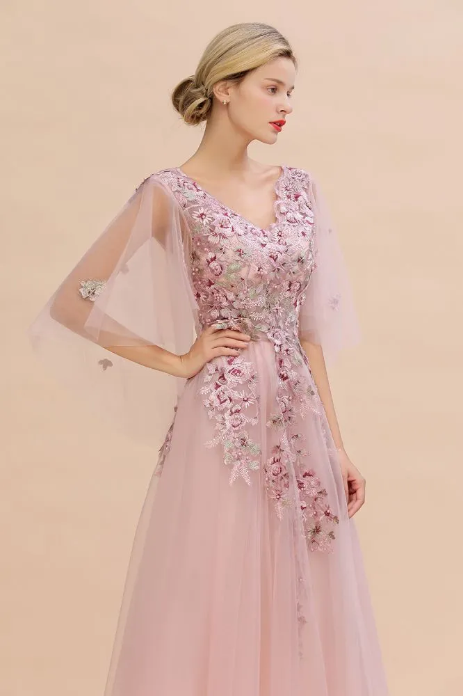 Elegant Tulle A-line Floral Wedding Dress Puffy Long Sleeves Evening Party Dress