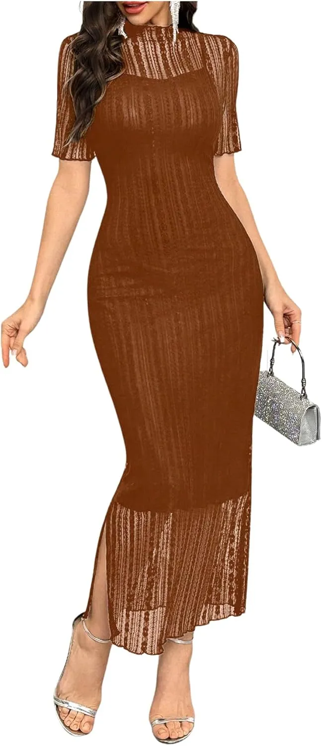 Floerns Women's Contrast Lace Mock Neck Pencil Dress Mesh Short Sleeve Slit Midi Dresses