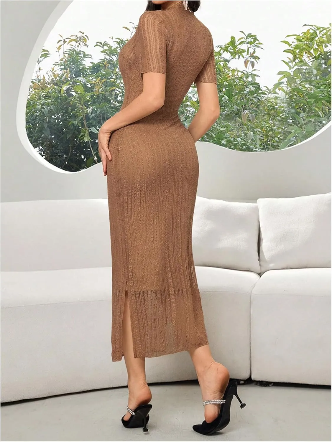 Floerns Women's Contrast Lace Mock Neck Pencil Dress Mesh Short Sleeve Slit Midi Dresses