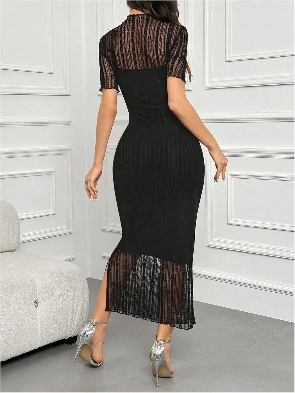Floerns Women's Contrast Lace Mock Neck Pencil Dress Mesh Short Sleeve Slit Midi Dresses