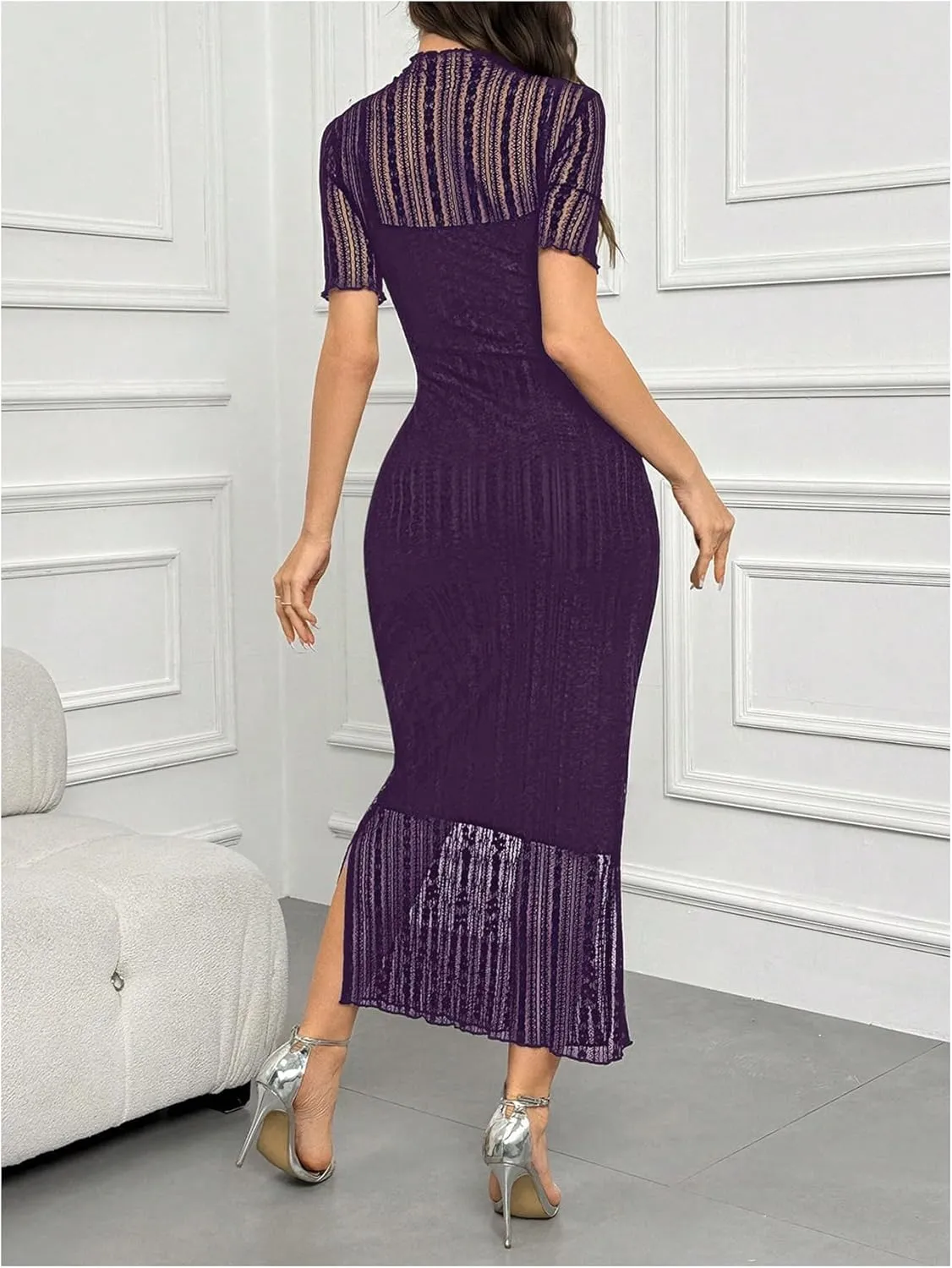 Floerns Women's Contrast Lace Mock Neck Pencil Dress Mesh Short Sleeve Slit Midi Dresses