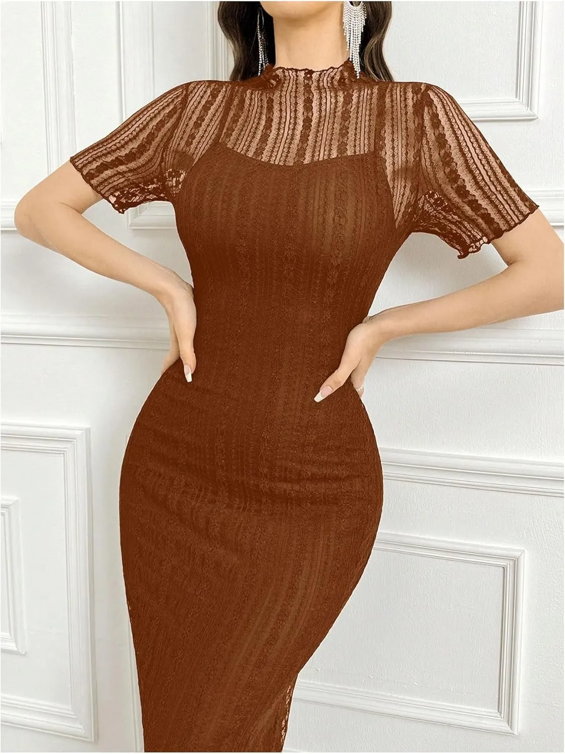 Floerns Women's Contrast Lace Mock Neck Pencil Dress Mesh Short Sleeve Slit Midi Dresses