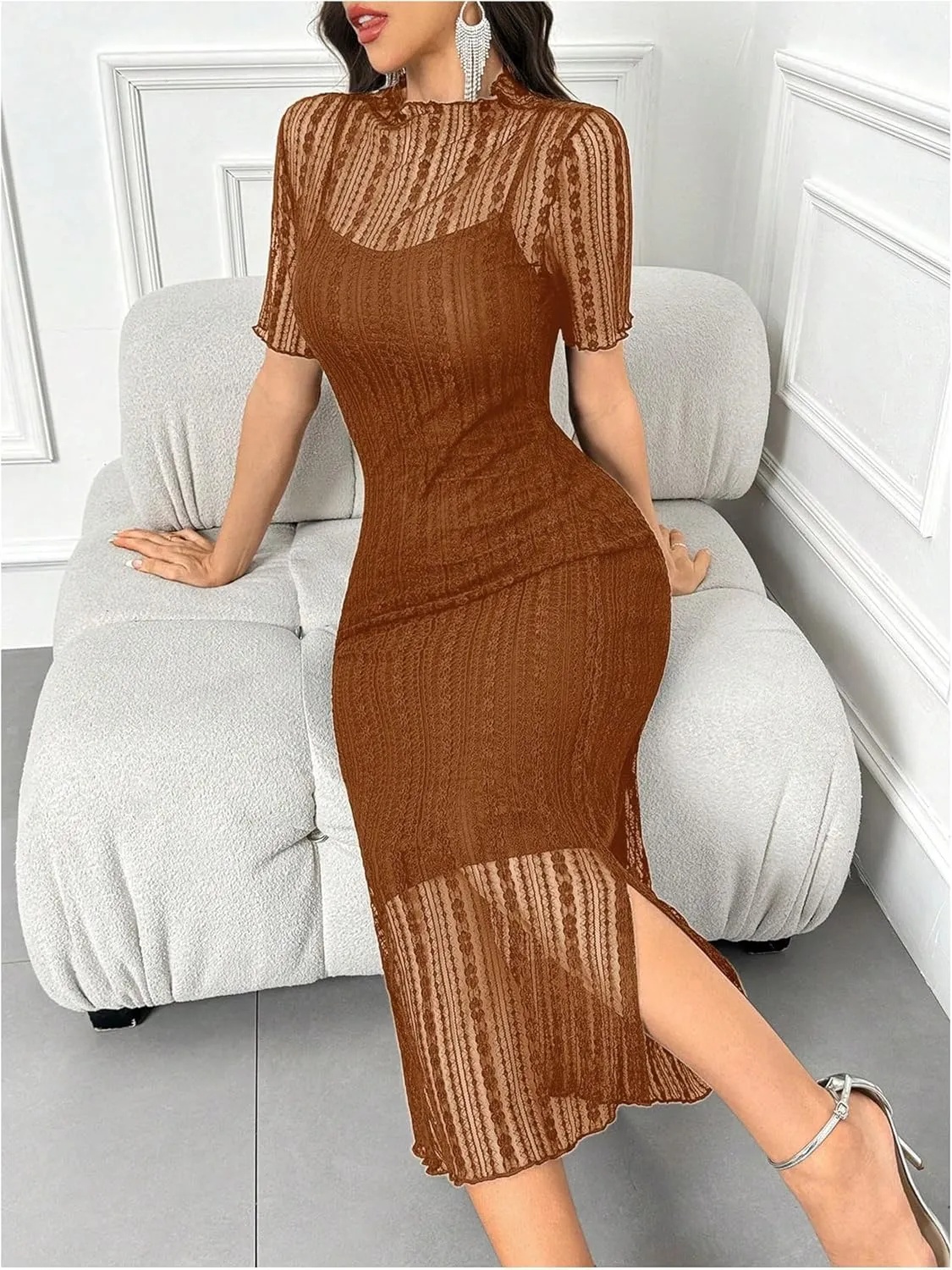 Floerns Women's Contrast Lace Mock Neck Pencil Dress Mesh Short Sleeve Slit Midi Dresses