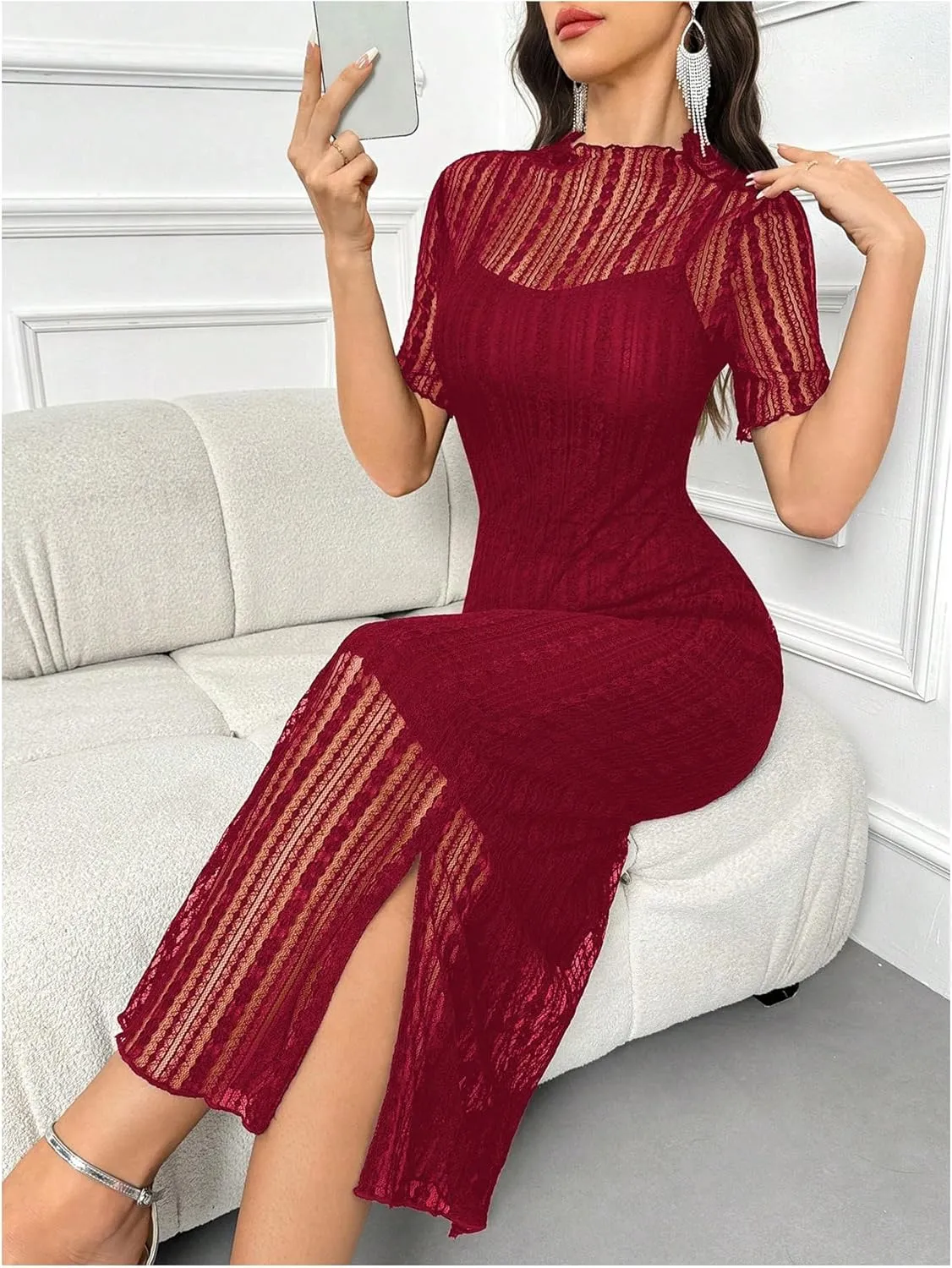 Floerns Women's Contrast Lace Mock Neck Pencil Dress Mesh Short Sleeve Slit Midi Dresses
