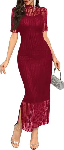 Floerns Women's Contrast Lace Mock Neck Pencil Dress Mesh Short Sleeve Slit Midi Dresses