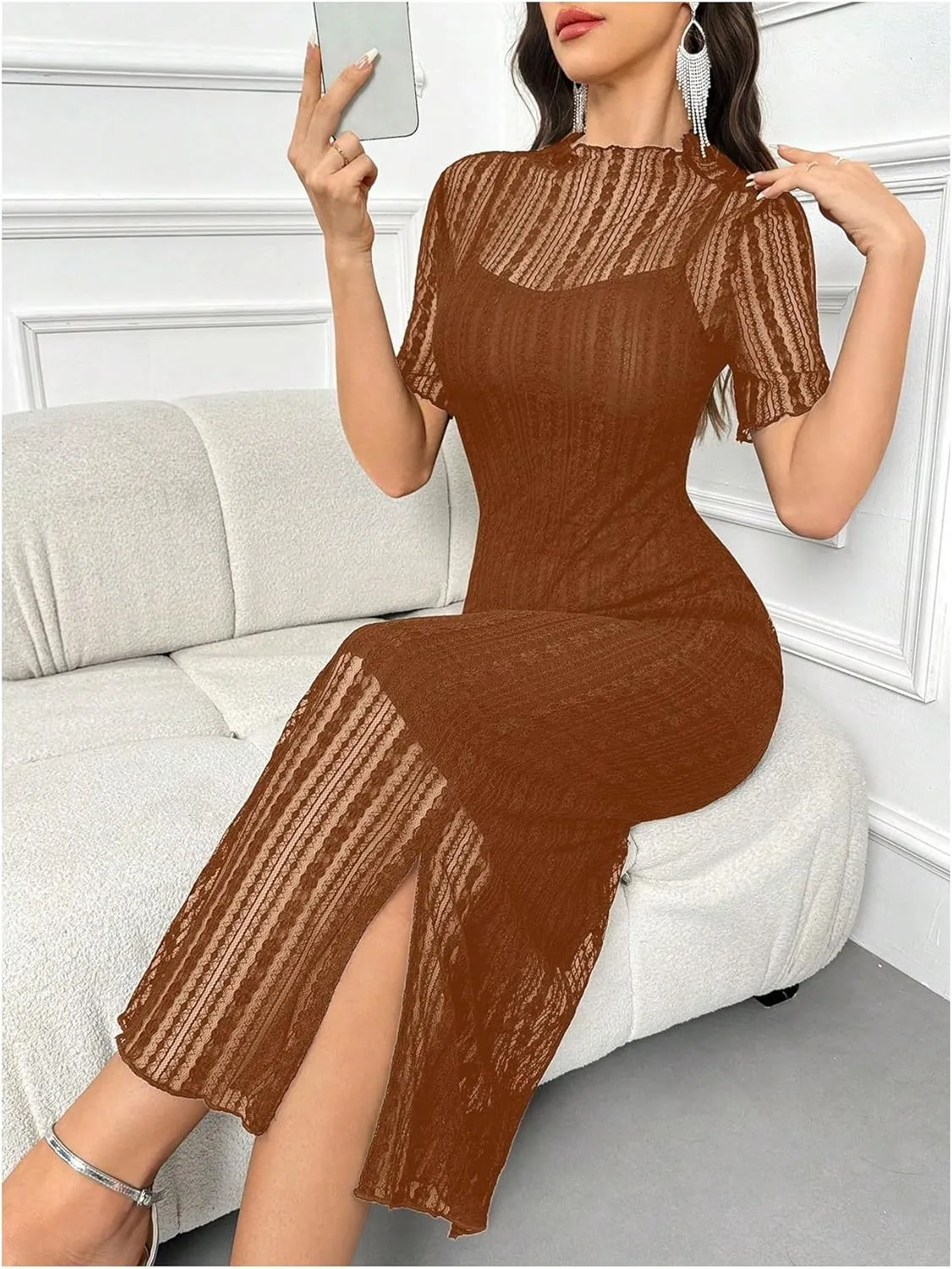 Floerns Women's Contrast Lace Mock Neck Pencil Dress Mesh Short Sleeve Slit Midi Dresses