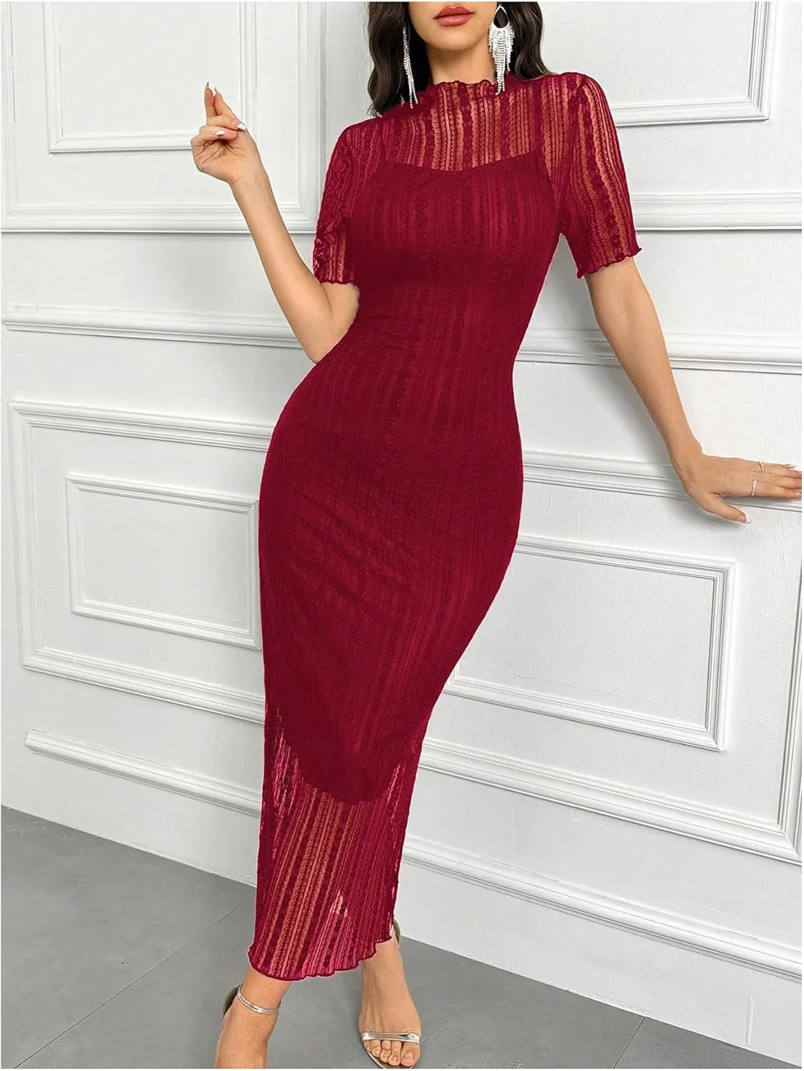 Floerns Women's Contrast Lace Mock Neck Pencil Dress Mesh Short Sleeve Slit Midi Dresses