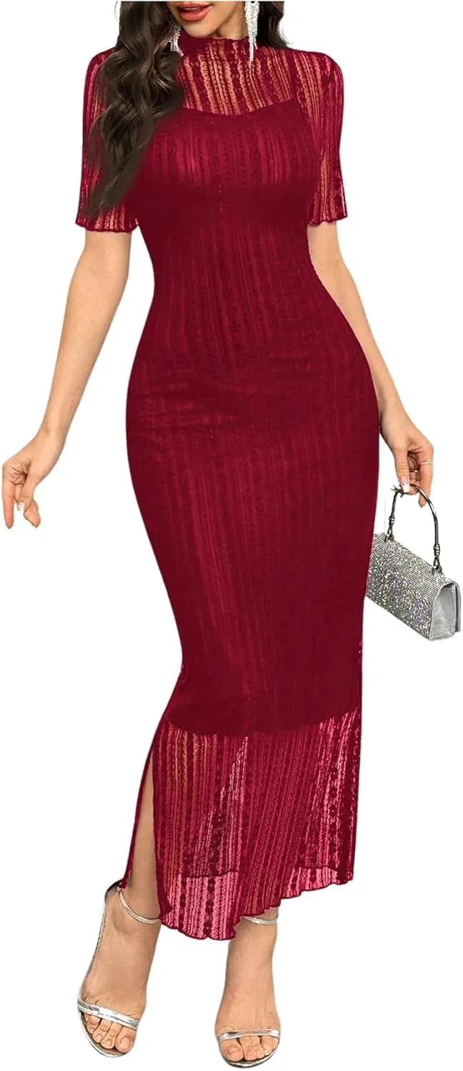 Floerns Women's Contrast Lace Mock Neck Pencil Dress Mesh Short Sleeve Slit Midi Dresses