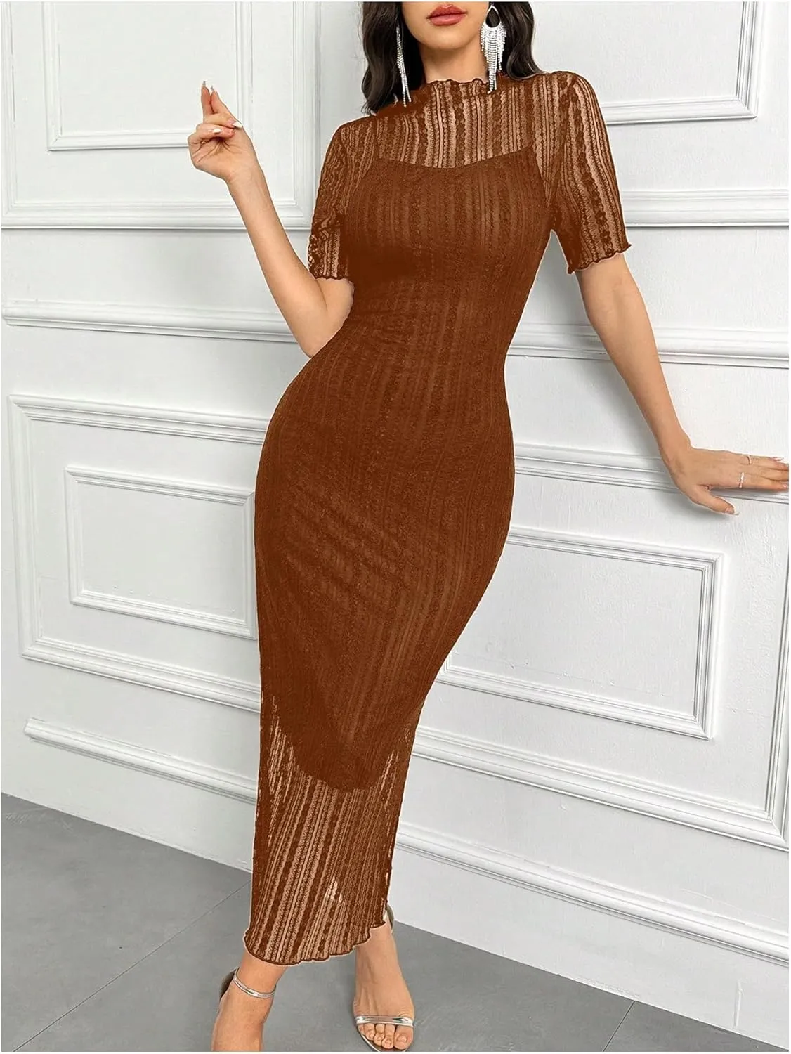 Floerns Women's Contrast Lace Mock Neck Pencil Dress Mesh Short Sleeve Slit Midi Dresses