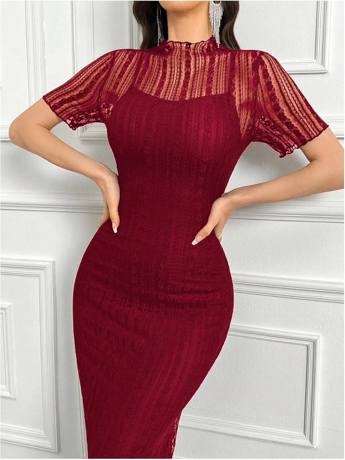 Floerns Women's Contrast Lace Mock Neck Pencil Dress Mesh Short Sleeve Slit Midi Dresses
