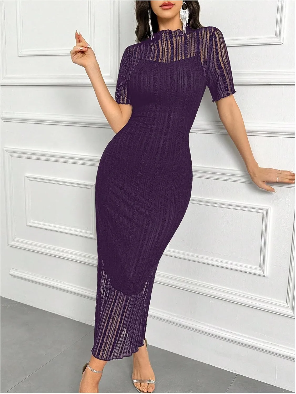Floerns Women's Contrast Lace Mock Neck Pencil Dress Mesh Short Sleeve Slit Midi Dresses