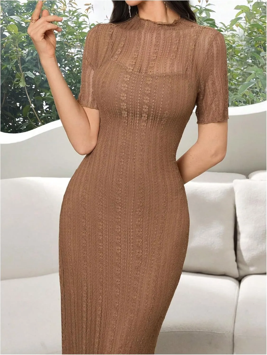 Floerns Women's Contrast Lace Mock Neck Pencil Dress Mesh Short Sleeve Slit Midi Dresses