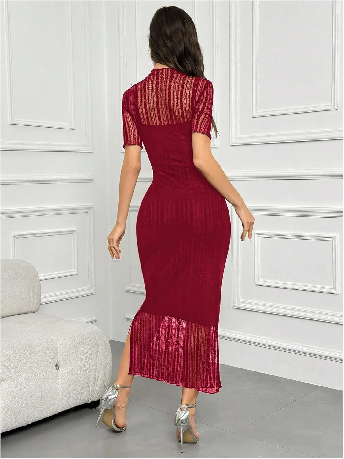 Floerns Women's Contrast Lace Mock Neck Pencil Dress Mesh Short Sleeve Slit Midi Dresses