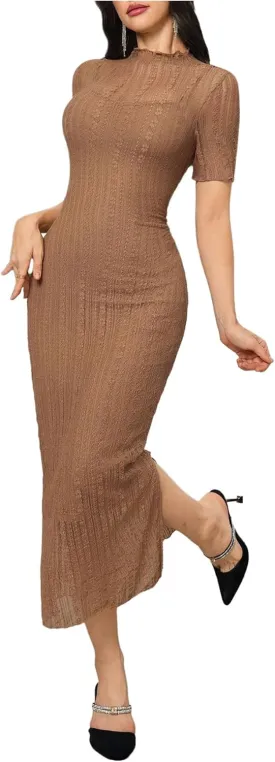 Floerns Women's Contrast Lace Mock Neck Pencil Dress Mesh Short Sleeve Slit Midi Dresses