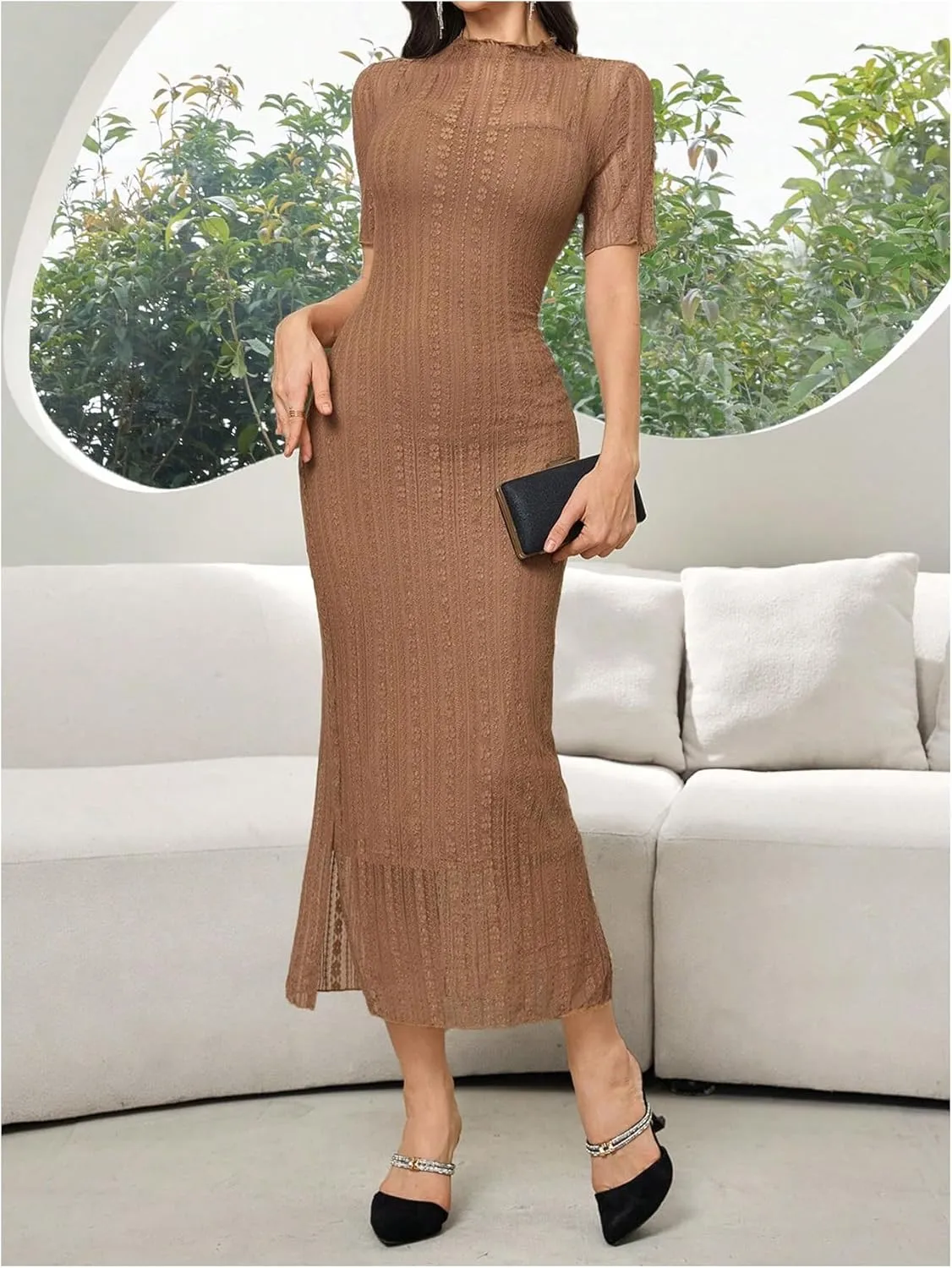 Floerns Women's Contrast Lace Mock Neck Pencil Dress Mesh Short Sleeve Slit Midi Dresses
