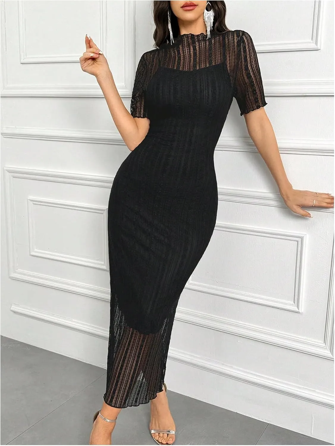 Floerns Women's Contrast Lace Mock Neck Pencil Dress Mesh Short Sleeve Slit Midi Dresses