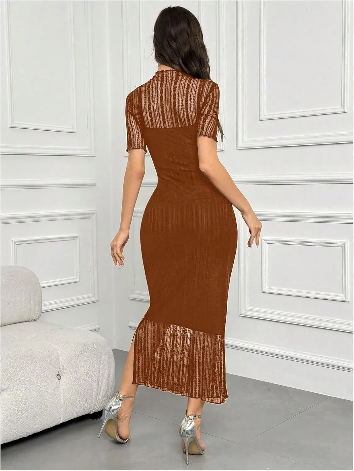 Floerns Women's Contrast Lace Mock Neck Pencil Dress Mesh Short Sleeve Slit Midi Dresses