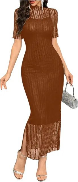 Floerns Women's Contrast Lace Mock Neck Pencil Dress Mesh Short Sleeve Slit Midi Dresses